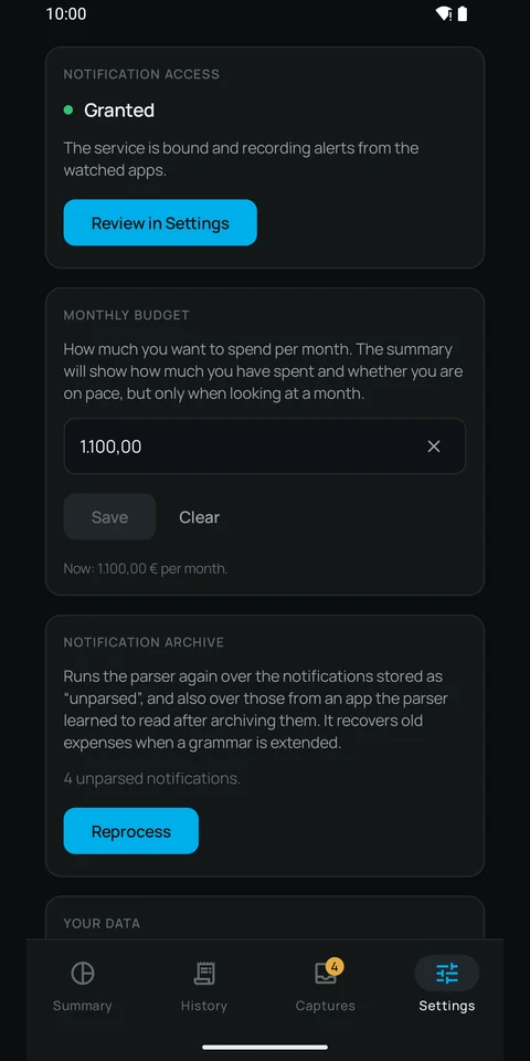 The Settings screen: notification access granted, the monthly budget and the archive reprocessing, which runs the parser again over whatever did not match.