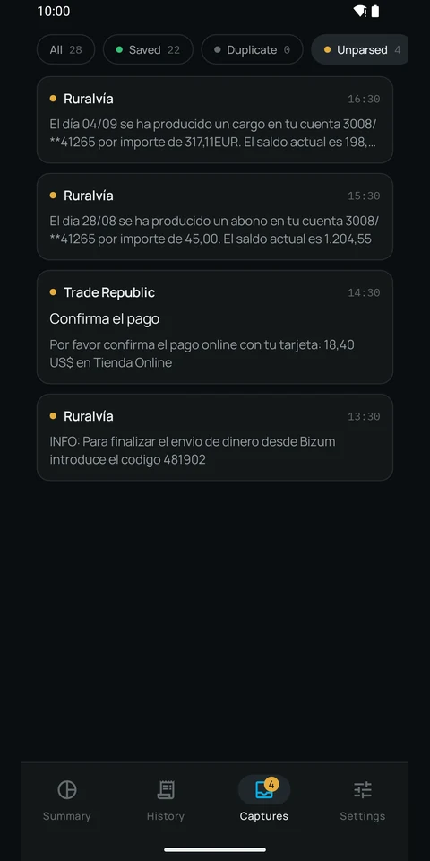 The Captures screen: the archive of alerts received, showing the original text of the ones the parser does not understand yet.