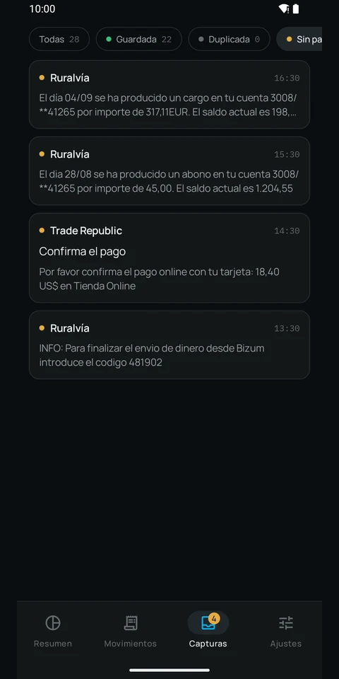 Pantalla de Capturas: el archivo de los avisos recibidos, con el texto original de los que el parser todavía no interpreta.