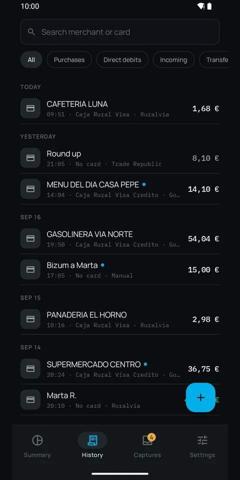 The History screen: movements grouped by day, with search and filters for purchases, direct debits, incoming and transfers, and on each line the merchant, the card and the app that sent the alert.